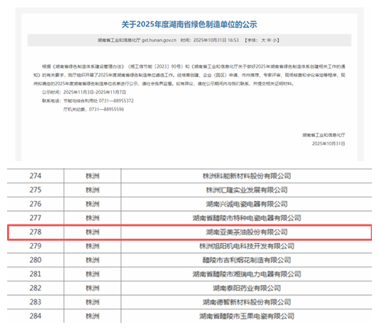 亚美茶油公司获评“省级绿色工厂”